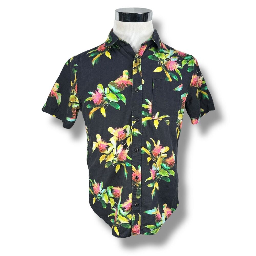 Roark Scholar La Selva Hawaiian Shirt Mens Small Black Floral Tropical Button Up